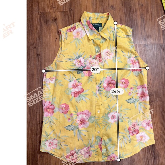 Lauren Ralph Lauren Yellow Floral 100% Linen Sleeveless Shirt Coastal Preppy - Picture 6 of 6